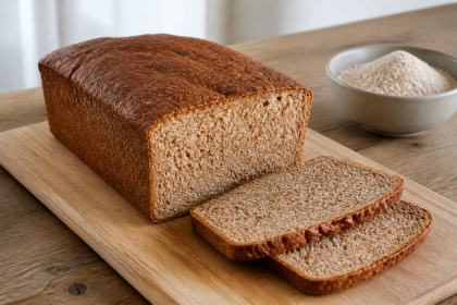 Aufgeschnittenes Dinkel-Emmer-Vollkornbrot mit goldbrauner Kruste