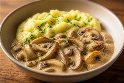 Cremiges Ragout aus Champignons, Austernseitlingen und Shiitake mit Kartoffelstampf