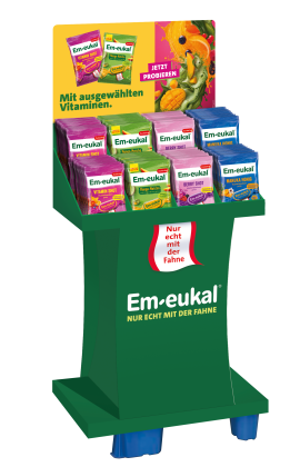 Zweitplatzierungsdisplay mit Em-eukal Mango-Matcha und drei weiteren Sorten