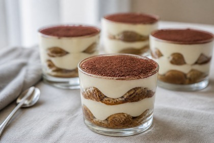 Schichtdessert im Glas mit entkoffeiniertem Kaffee, Creme und Kakaopulver