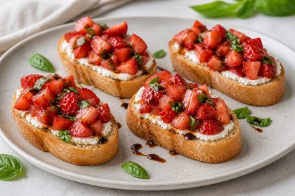 Erdbeer-Tomaten-Bruschetta mit Ziegenfrischkäse und Basilikum