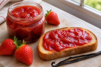 Selbst gekochte Erdbeer-Vanille-Konfitüre im Glas und auf Brot