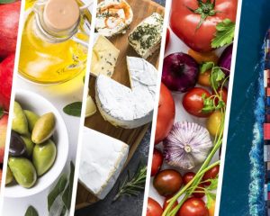 Äpfel, Oliven, Käse, Gemüse und ein Frachtschiff als Illustration des EU-Agrarhandels