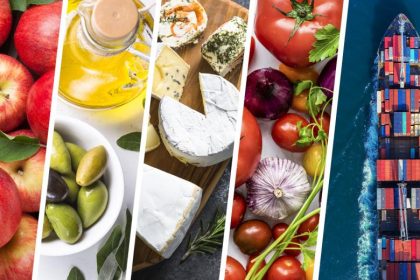 Äpfel, Oliven, Käse, Gemüse und ein Frachtschiff als Illustration des EU-Agrarhandels
