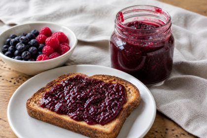 Dunkle Felsenbirnen-Himbeer-Konfitüre im Glas und auf geröstetem Brot