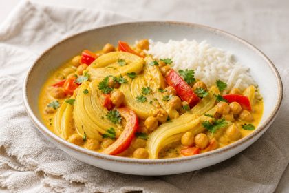 Fenchel-Kichererbsen-Curry mit Paprika, Kokosmilch und Reis
