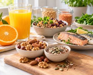 KI-generiertes Pressebild mit Orangensaft, Hülsenfrüchten, Fisch, Nüssen und Saaten