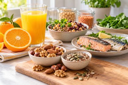 KI-generiertes Pressebild mit Orangensaft, Hülsenfrüchten, Fisch, Nüssen und Saaten