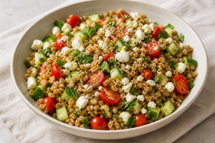 Freekeh-Salat mit Gurke, Kirschtomaten, Kräutern und zerbröseltem Feta