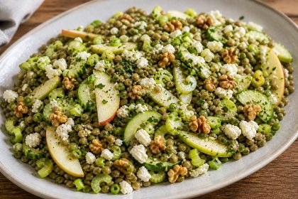 Linsensalat mit Frühäpfeln, Gurke, Sellerie, Feta und Walnüssen