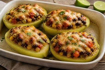 Überbackene Chayote mit schwarzen Bohnen, Mais und Tomaten