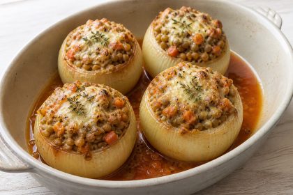 Gebackene Gemüsezwiebeln mit Linsen-Bulgur-Füllung und Käse