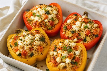 Rote und gelbe Paprikahälften mit Couscous, Zucchini, Möhren und Feta