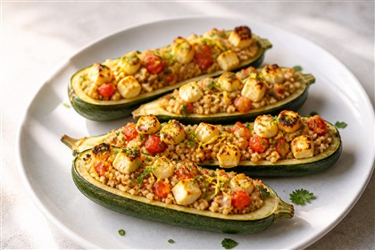 Gebackene Zucchinihälften mit Bulgur, Tomaten und Feta