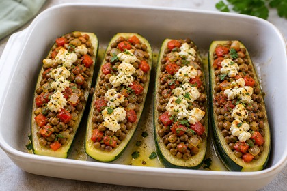 Gebackene Zucchinihälften mit Linsen, Tomaten, Paprika und Feta