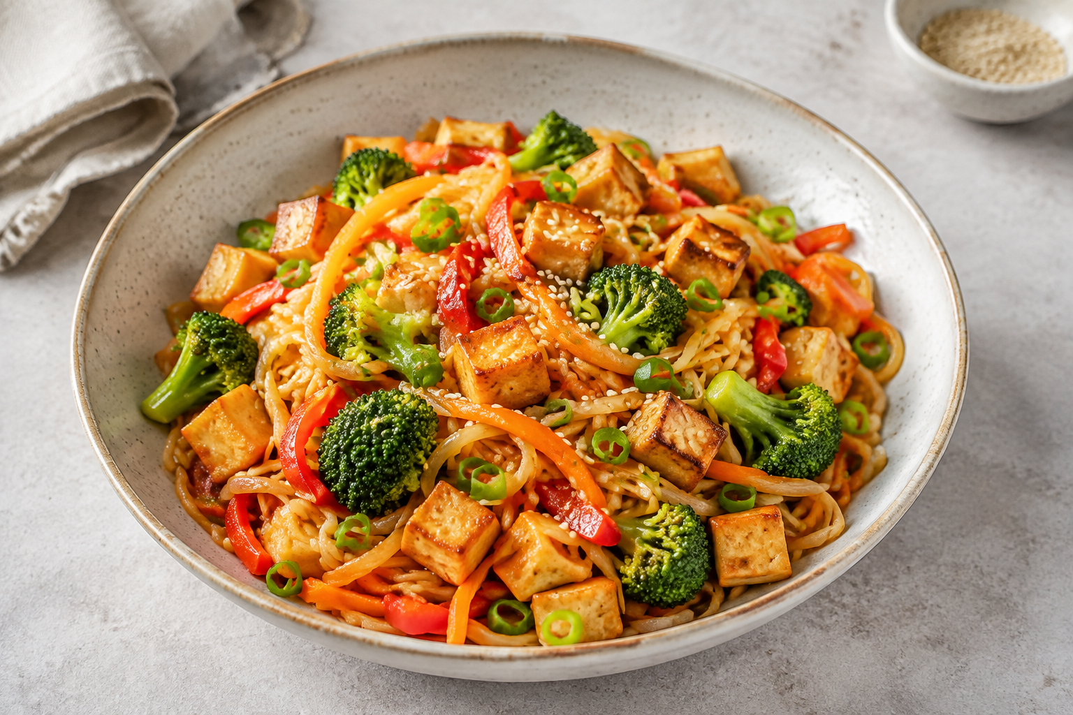 Gemüse-Reisnudelpfanne mit Tofu, Brokkoli, Paprika und Sojasoße