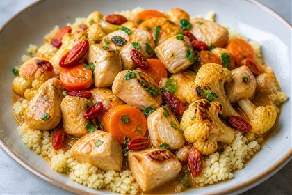 Gebratene Hähnchenbrust mit Blumenkohl, Möhren, Goji-Beeren und Couscous