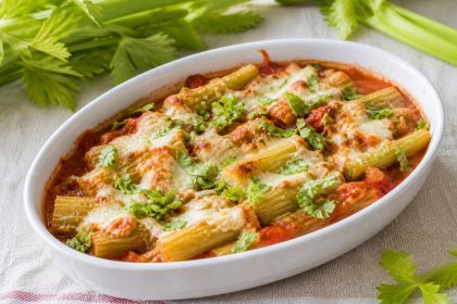 Gratinierter Staudensellerie in Tomatensoße mit Mozzarella