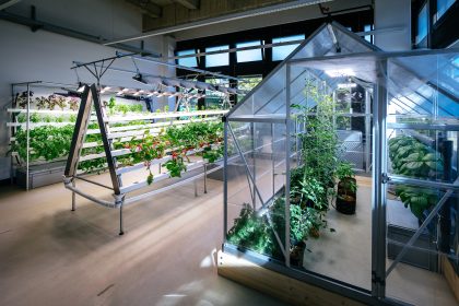 Vertical-Indoor-Farming-Anlage mit Obst- und Gemüsepflanzen im Projekt GreenFarmTEC