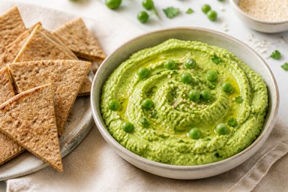 Grüner Erbsenhummus mit geröstetem Vollkorn-Pitabrot