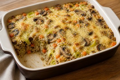 Überbackener Grünkern-Auflauf mit Lauch, Möhren und Champignons