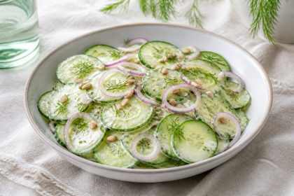 Ungeschälter Gurkensalat mit Dill, roter Zwiebel und Sonnenblumenkernen