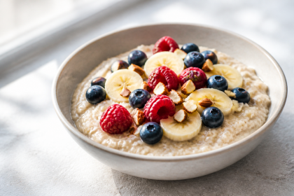 Cremiger Haferkleie-Porridge mit Beeren, Banane und Mandeln