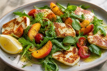 Salat mit gebratenem Halloumi, Pfirsichen, Kirschtomaten, Rucola und Minze