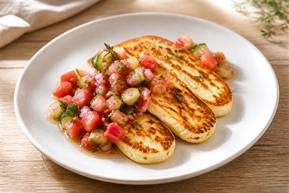 Gebratener Halloumi mit gegartem Rhabarber-Gurken-Relish
