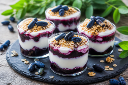 Joghurt-Schichtdessert mit Haskap-Beeren, Haferflocken und Walnüssen