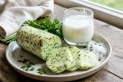 Hausgemachte Kräuterbutter mit Schnittlauch und Petersilie neben einem Glas Buttermilch
