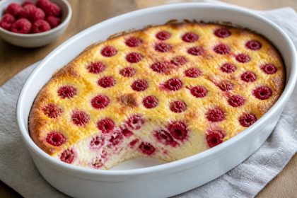 Goldbraun gebackener Quarkauflauf mit frischen Himbeeren