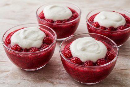 Rote Himbeergrütze mit ganzen Himbeeren und cremigem Vanillequark