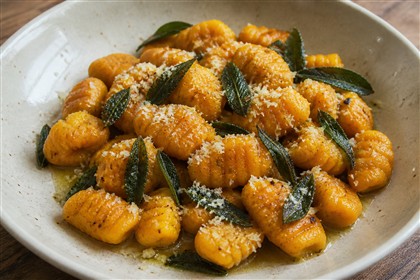 Orange Hokkaido-Gnocchi mit gebräunter Salbeibutter und Parmesan