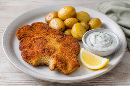 Goldbraun paniertes Igelstachelbart-Schnitzel mit Ofenkartoffeln und Kräuter-Dip