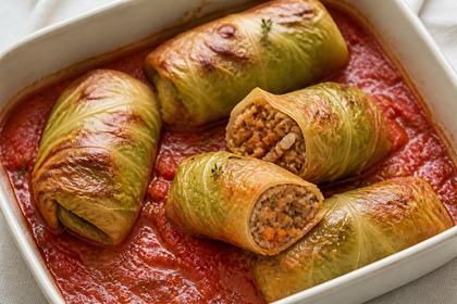 Jaromakohl-Rouladen mit Linsen-Reis-Füllung in Tomatensoße