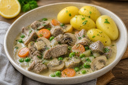 Cremiges Kalbsragout mit Möhren, Erbsen und Champignons zu Kartoffeln