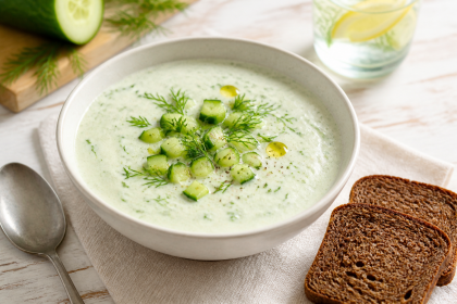 Cremige kalte Gurkensuppe mit Gurkenwürfeln, Dill und Roggenbrot
