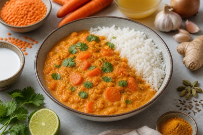Cremiges Curry mit roten Linsen, Möhren und grünem Kardamom zu Reis