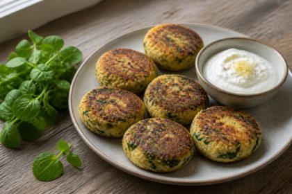 Goldbraune Kartoffel-Barbarakraut-Bratlinge mit Zitronenquark
