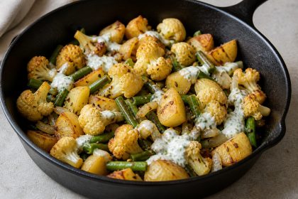 Kartoffel-Blumenkohl-Pfanne mit grünen Bohnen und Joghurtsauce