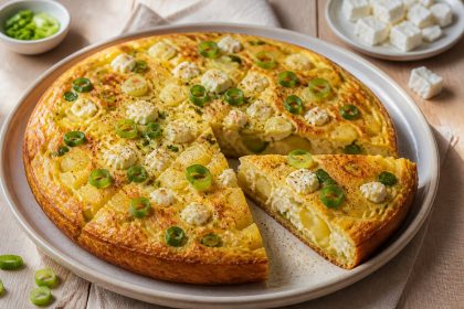 Kartoffel-Frittata mit Frühlingszwiebeln und Feta auf einem Teller