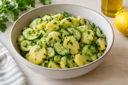 Kartoffel-Gurken-Salat mit Frühlingszwiebeln, Petersilie und Sojaöl-Zitronen-Dressing