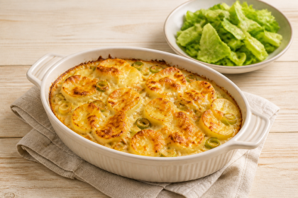 Goldbraun überbackenes Kartoffel-Lauch-Gratin in einer hellen Auflaufform
