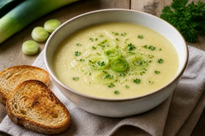 Cremige Kartoffel-Lauch-Suppe mit Lauchringen, Petersilie und geröstetem Brot