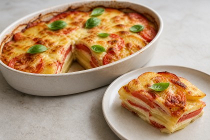 Kartoffelauflauf mit Tomaten und überbackenem Mozzarella