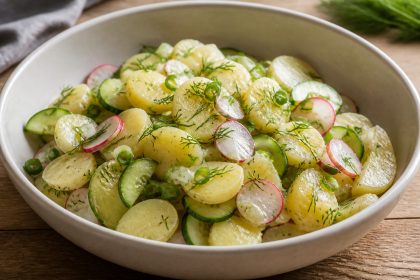 Kartoffelsalat mit Radieschen, Gurke, Dill und Distelöl-Dressing