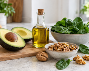 Avocado, Olivenöl, Walnüsse und Blattspinat auf einem hellen Küchentisch