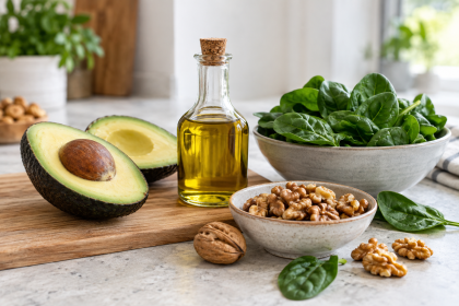 Avocado, Olivenöl, Walnüsse und Blattspinat auf einem hellen Küchentisch