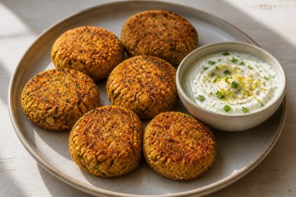 Goldbraune Kichererbsen-Möhren-Taler mit cremigem Zitronenjoghurt